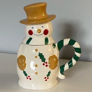 Temptations By Tara Snowman Mug With Lid Christmas Cocoa Tea Coffee Ceramic EUC